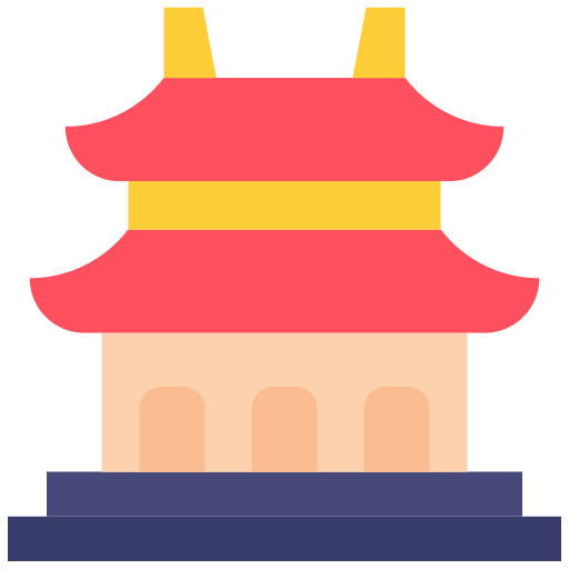 Ilustración minimalista de un edificio tradicional chino con techo rojo de varios niveles y base rectangular sobre un fondo transparente.