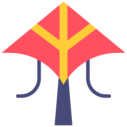 Ilustración minimalista de una cometa roja con detalles amarillos y largas cintas, inspirada en las cometas tradicionales chinas.