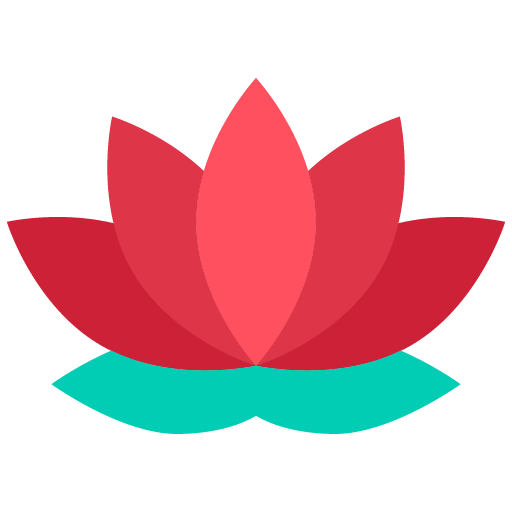 Diseño gráfico de una flor de loto abierta con pétalos rojos y hojas verdes, inspirada en uno de los símbolos tradicionales de la cultura china.