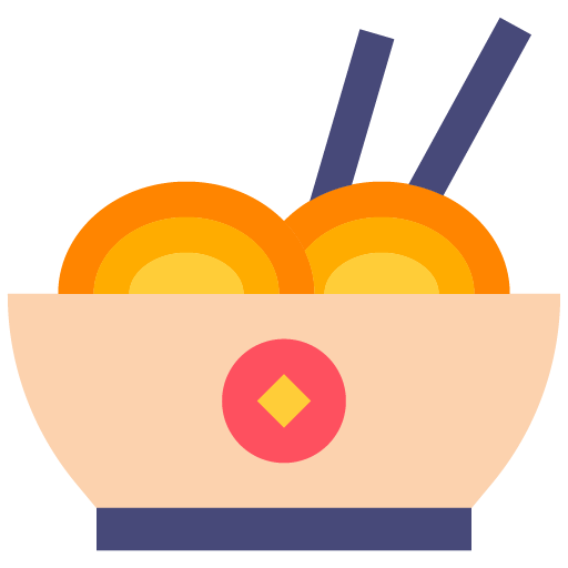 Ilustración minimalista de un recipiente con fideos chinos y palillos sobre un fondo transparente, inspirada en la cocina tradicional de China.
