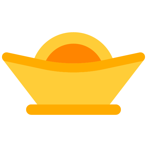 Ilustración minimalista de un lingote de oro chino con diseño tradicional y acabado en tonos dorados sobre un fondo transparente.