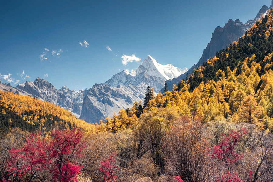 Vista panorámica de las montañas nevadas y los bosques de Shangri-La, uno de los destinos naturales más impresionantes de Yunnan, China.