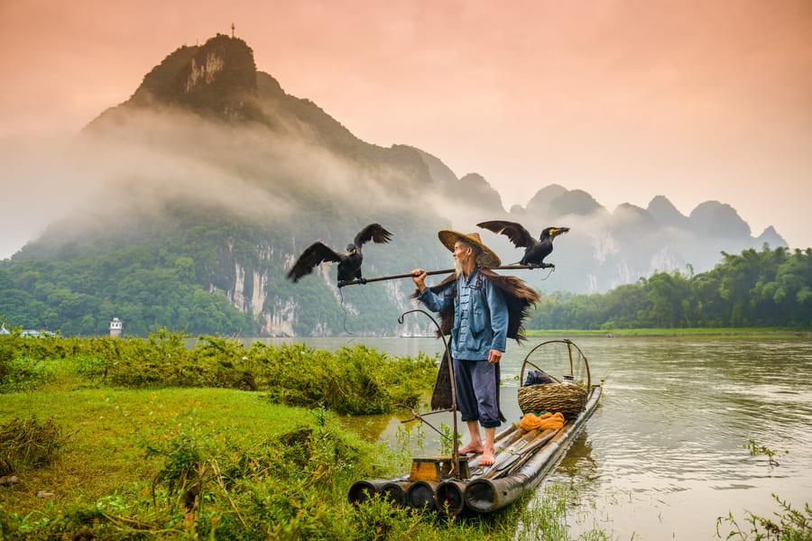 Pescador tradicional acompañado de cormoranes en el río Li, con montañas kársticas y niebla al amanecer en Yangshuo, China.