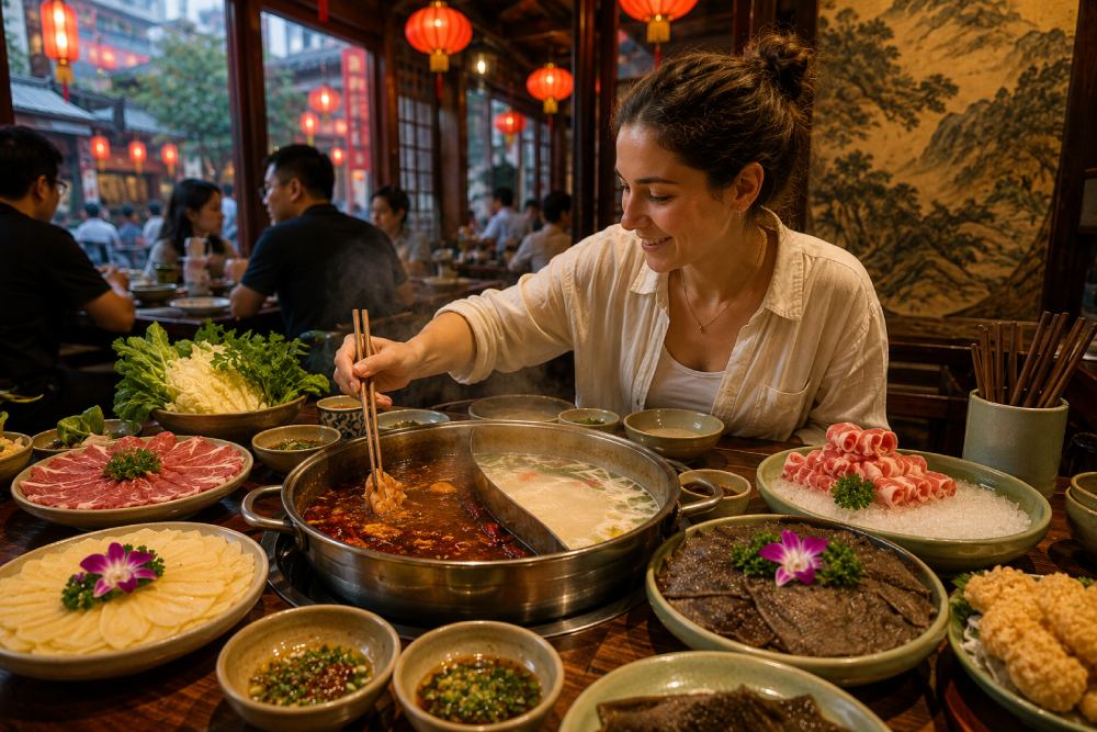 Viajera disfrutando un tradicional Hot Pot en un restaurante de China, rodeada de ingredientes frescos y platillos típicos de la gastronomía local.