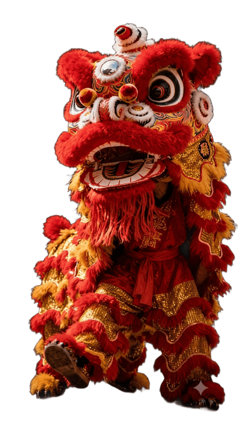 León tradicional de la danza del león china con elaborados bordados y colores vibrantes, una de las expresiones culturales más representativas de China.