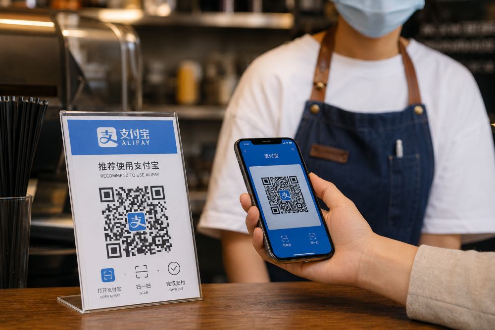 Persona realizando un pago con código QR mediante la aplicación Alipay en una cafetería de China, mostrando el sistema de pagos digitales ampliamente utilizado en el país.