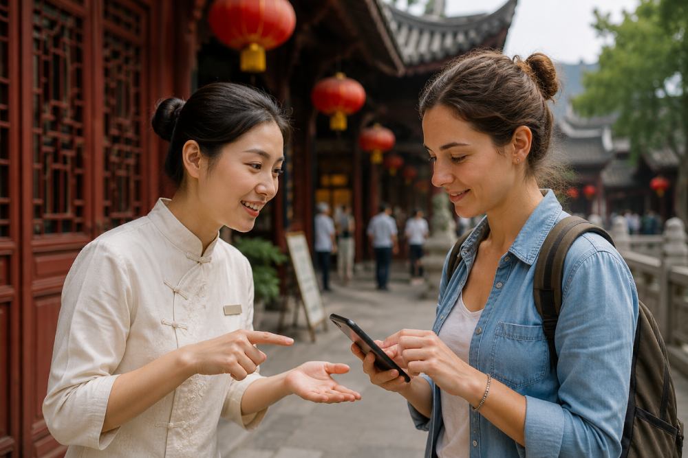 urista utiliza una aplicación de traducción en su teléfono móvil para comunicarse con una mujer local en un mercado tradicional de China, facilitando la interacción durante el viaje.