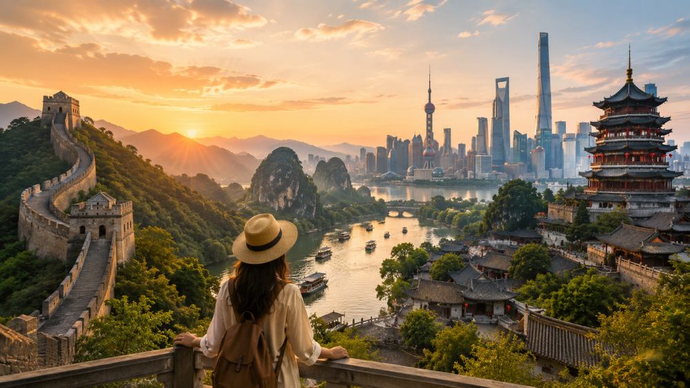 Panorámica de China con la Gran Muralla, templos tradicionales, paisajes naturales y rascacielos modernos, mostrando la riqueza cultural y la diversidad del país.